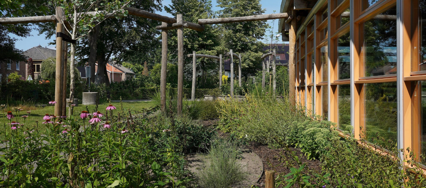 Groen schoolplein met natuurlijke speeltoestellen aangelegd door de aanleghoveniers van Janse & Berkhof Tuinen